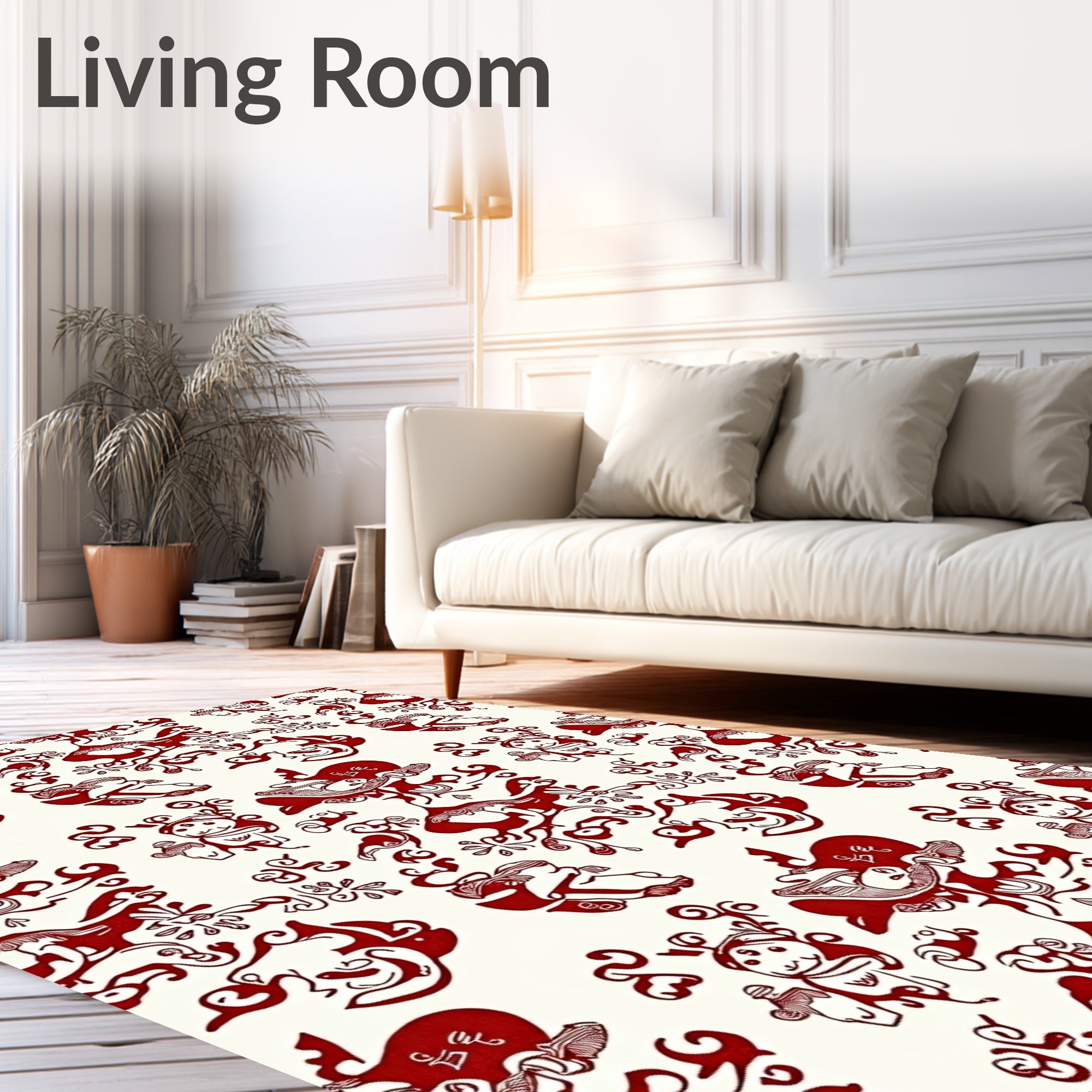 Red White Whimsical Figural Pattern Rug