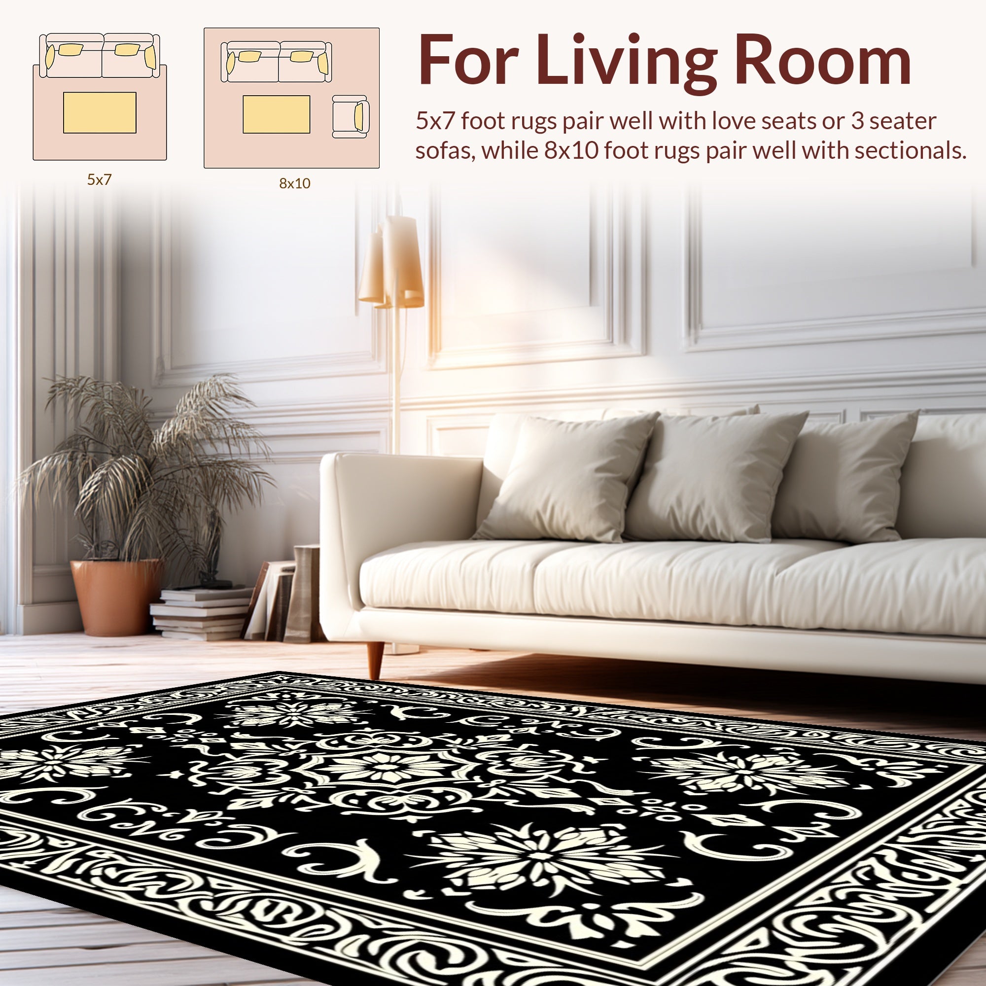 Black Ivory Ornate Floral Patterned Rug