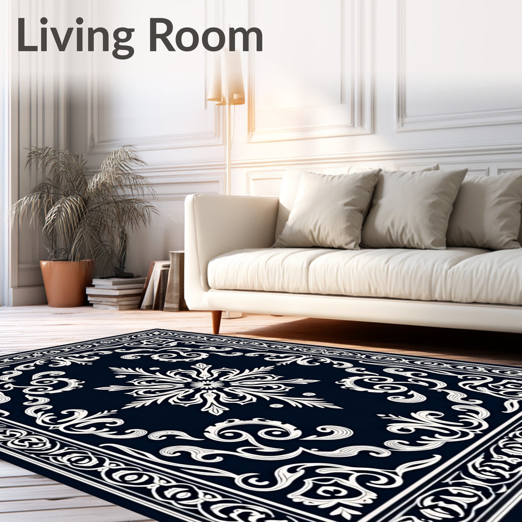 Dark Blue White Ornate Scroll Rug