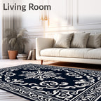 Dark Blue White Ornate Scroll Rug