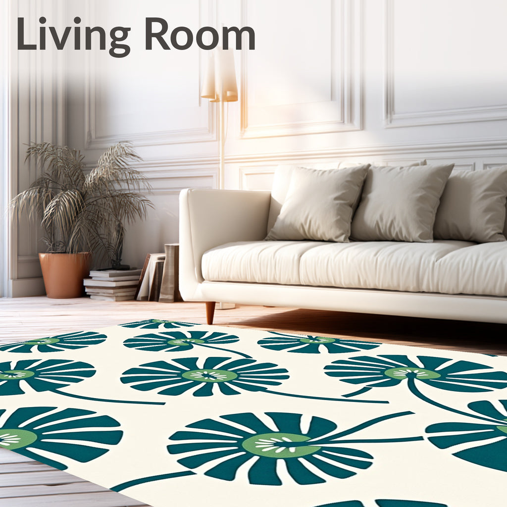 Teal Lotus Blossom Motif Rug