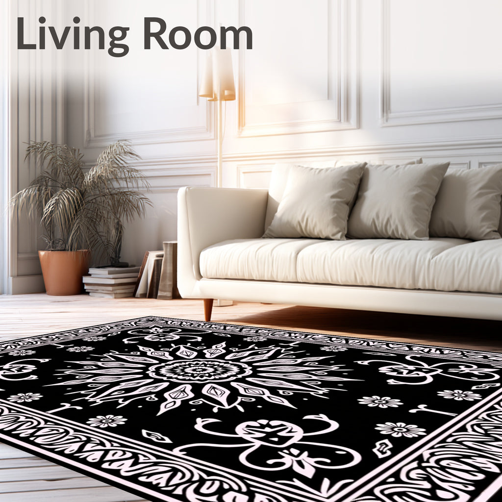 Black White Floral Mandala Pattern Rug