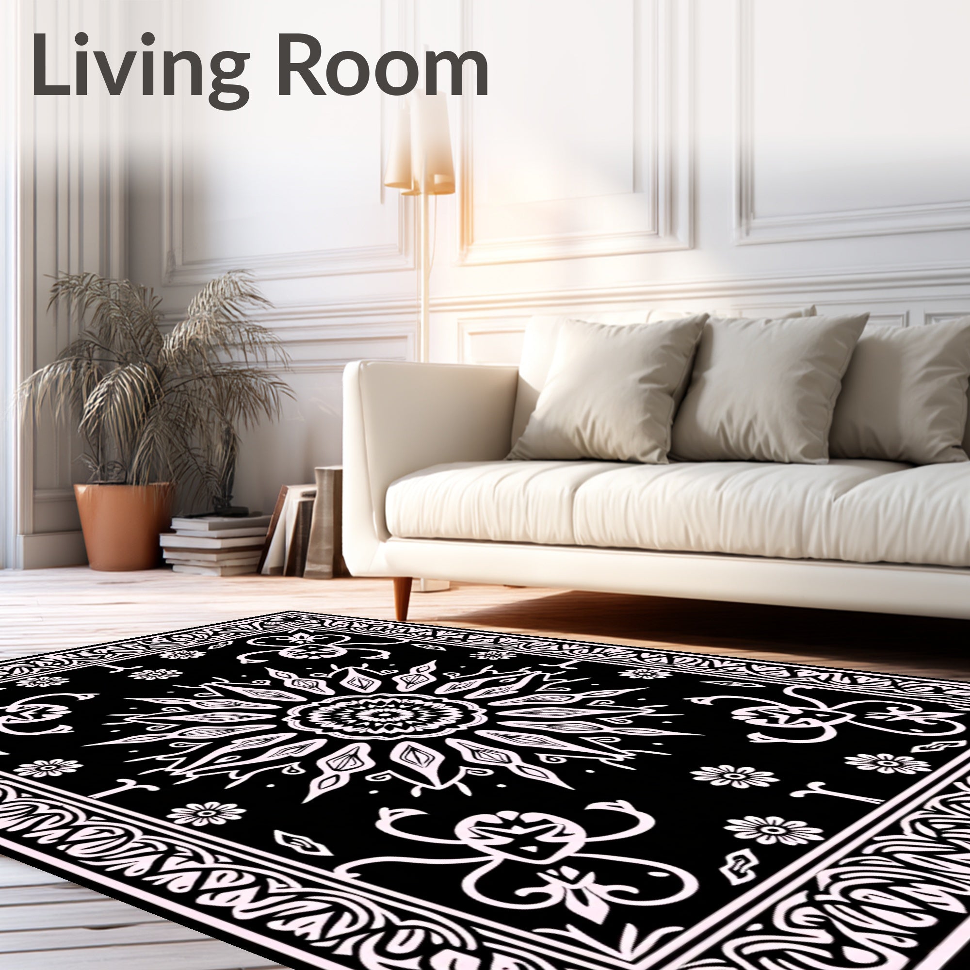 Black White Floral Mandala Pattern Rug