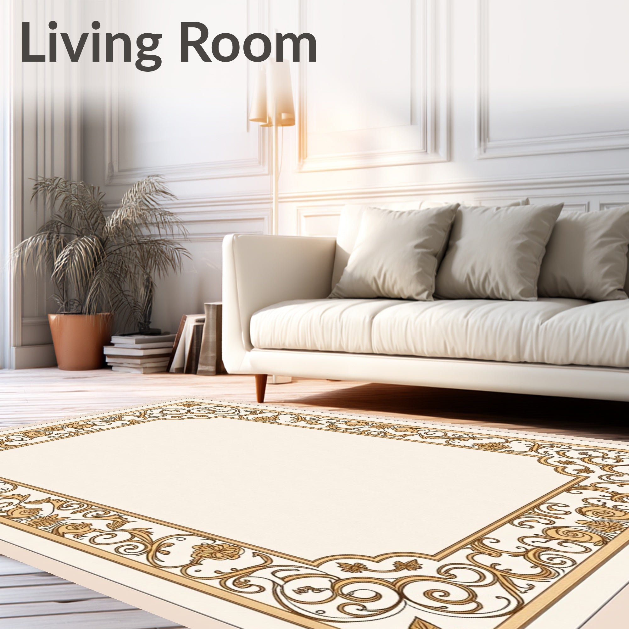Ornate Gold Scrollwork Floral Border Rug