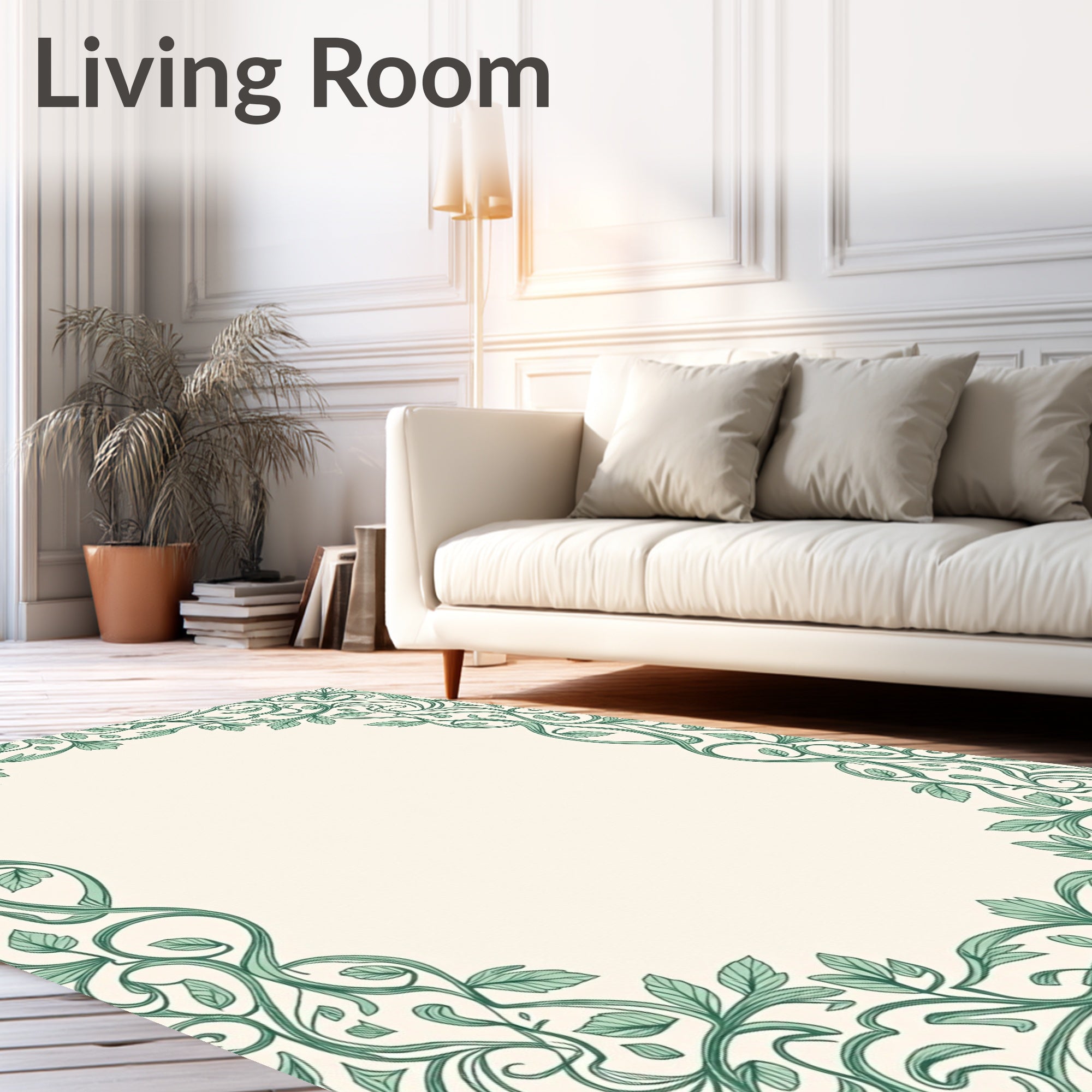 Ornate Green Vine Floral Border Rug