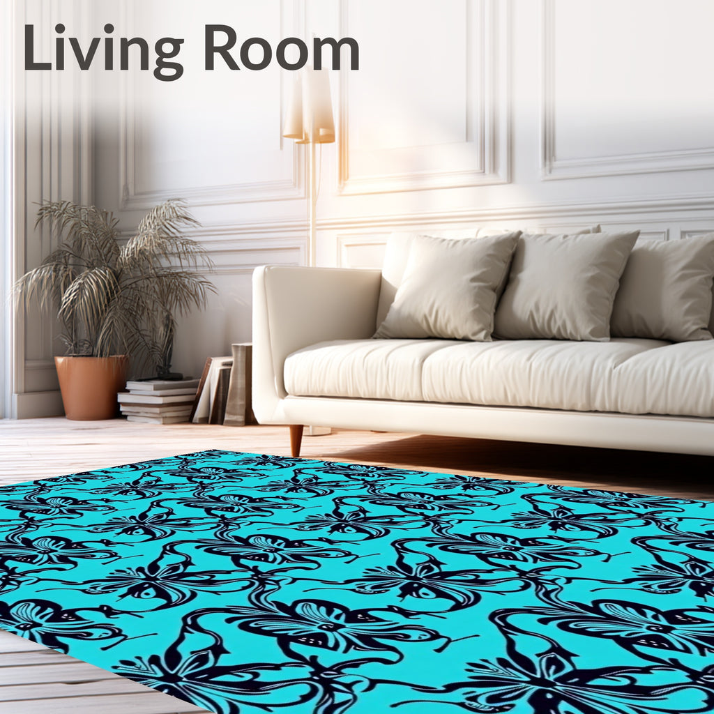 Ornate Teal Black Floral Pattern Rug
