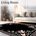 Black Pink Floral Border Art Rug