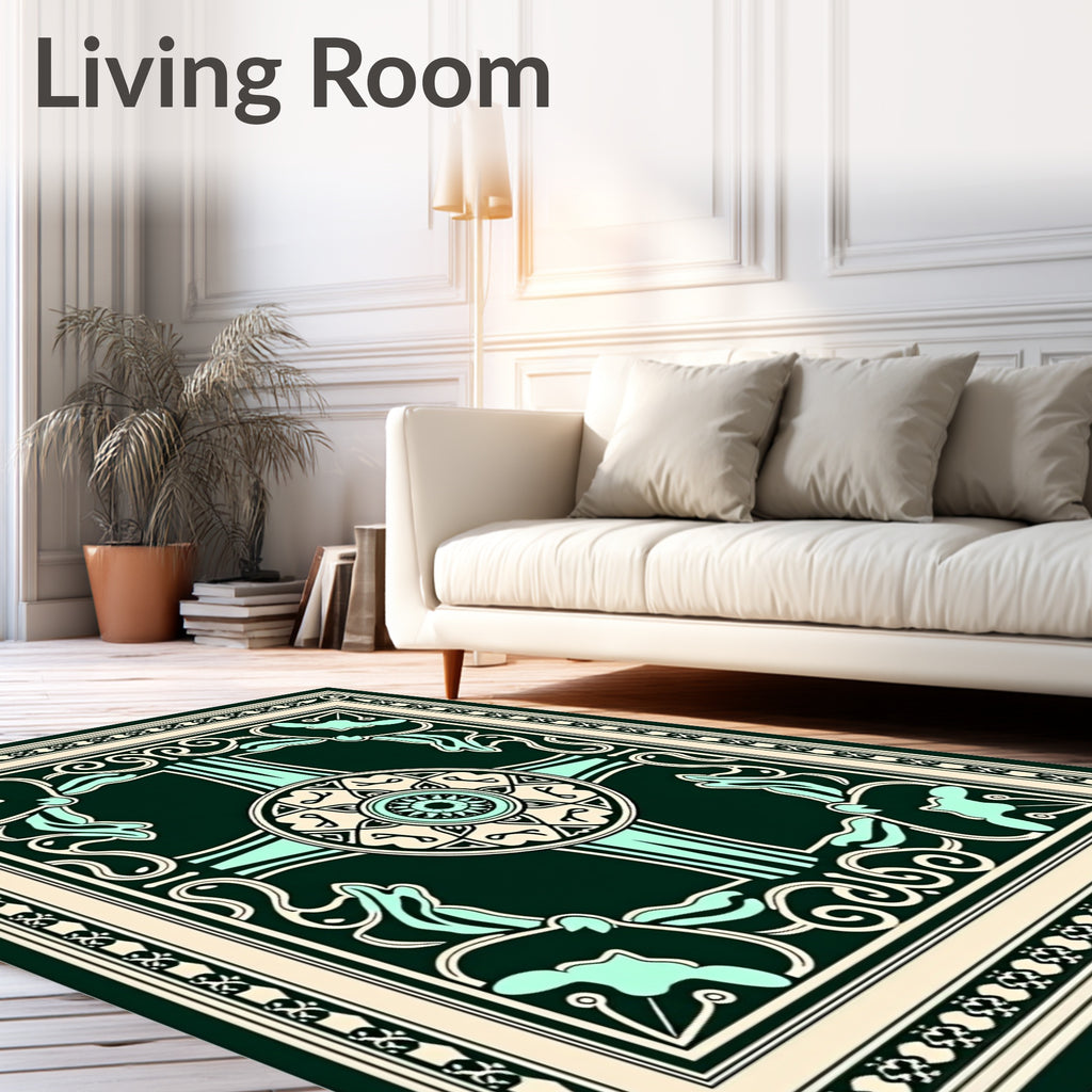 Emerald Cream Teal Floral Mandala Rug