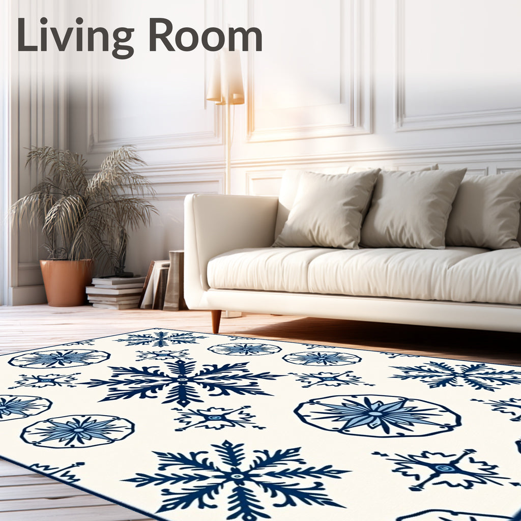 Classic Blue Snowflake Floral Pattern Rug