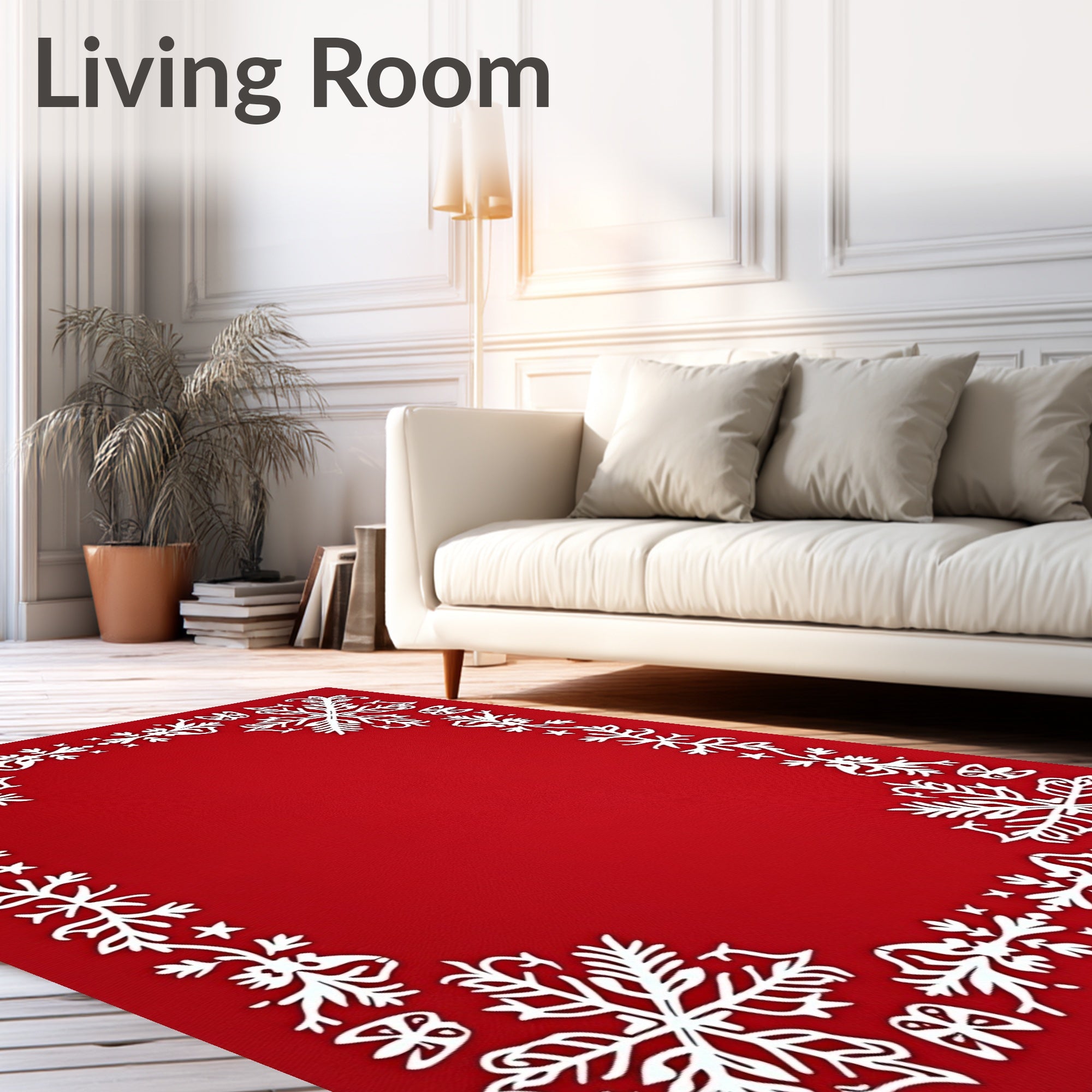 White Snowflake Bordered Red Design Rug