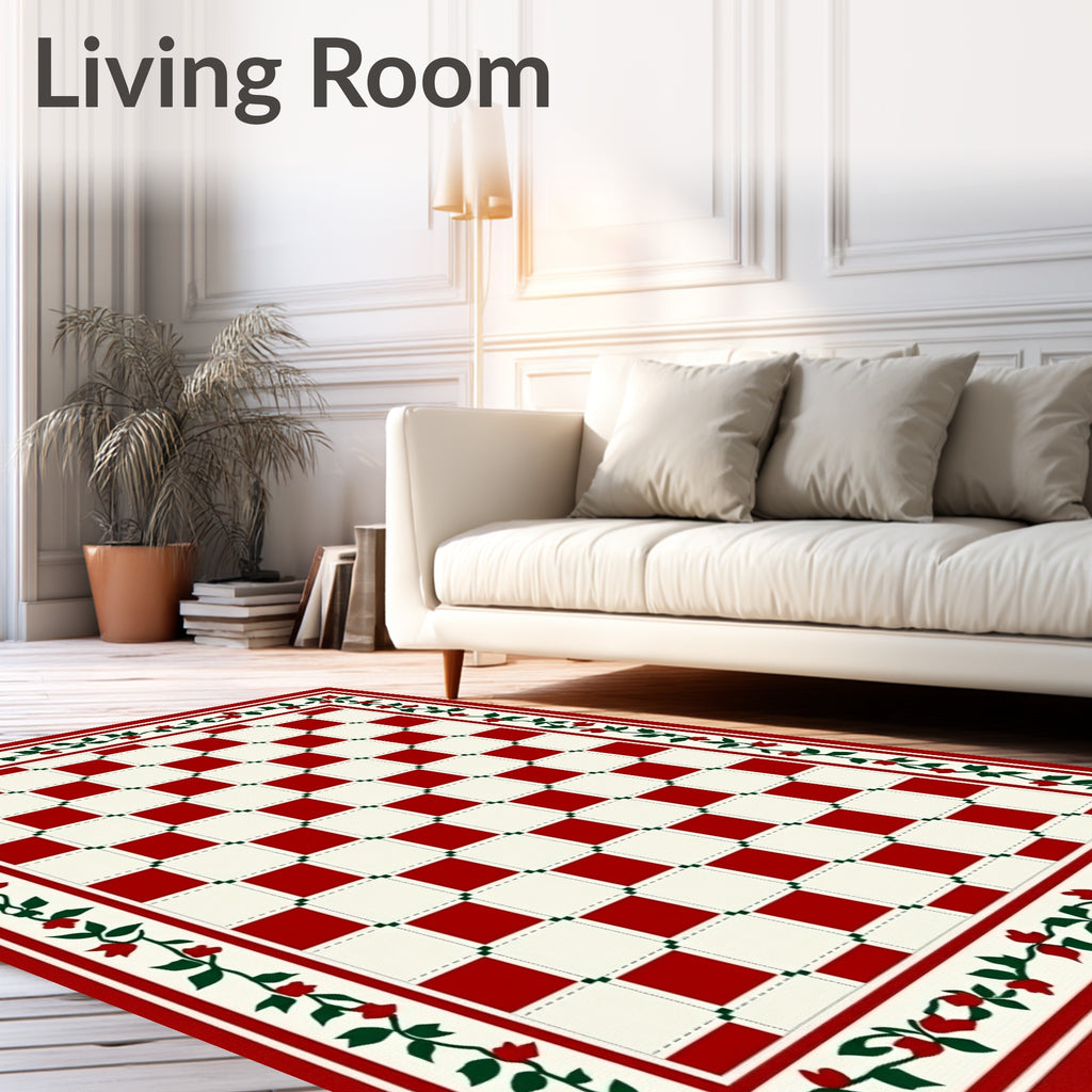 Red White Checkerboard Floral Border Rug