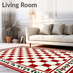 Red White Checkerboard Floral Border Rug