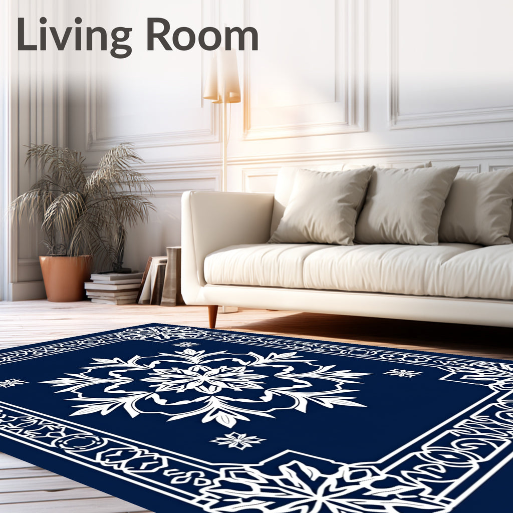 Deep Blue Mandala Snowflakes Frame Rug