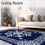 Deep Blue Mandala Snowflakes Frame Rug