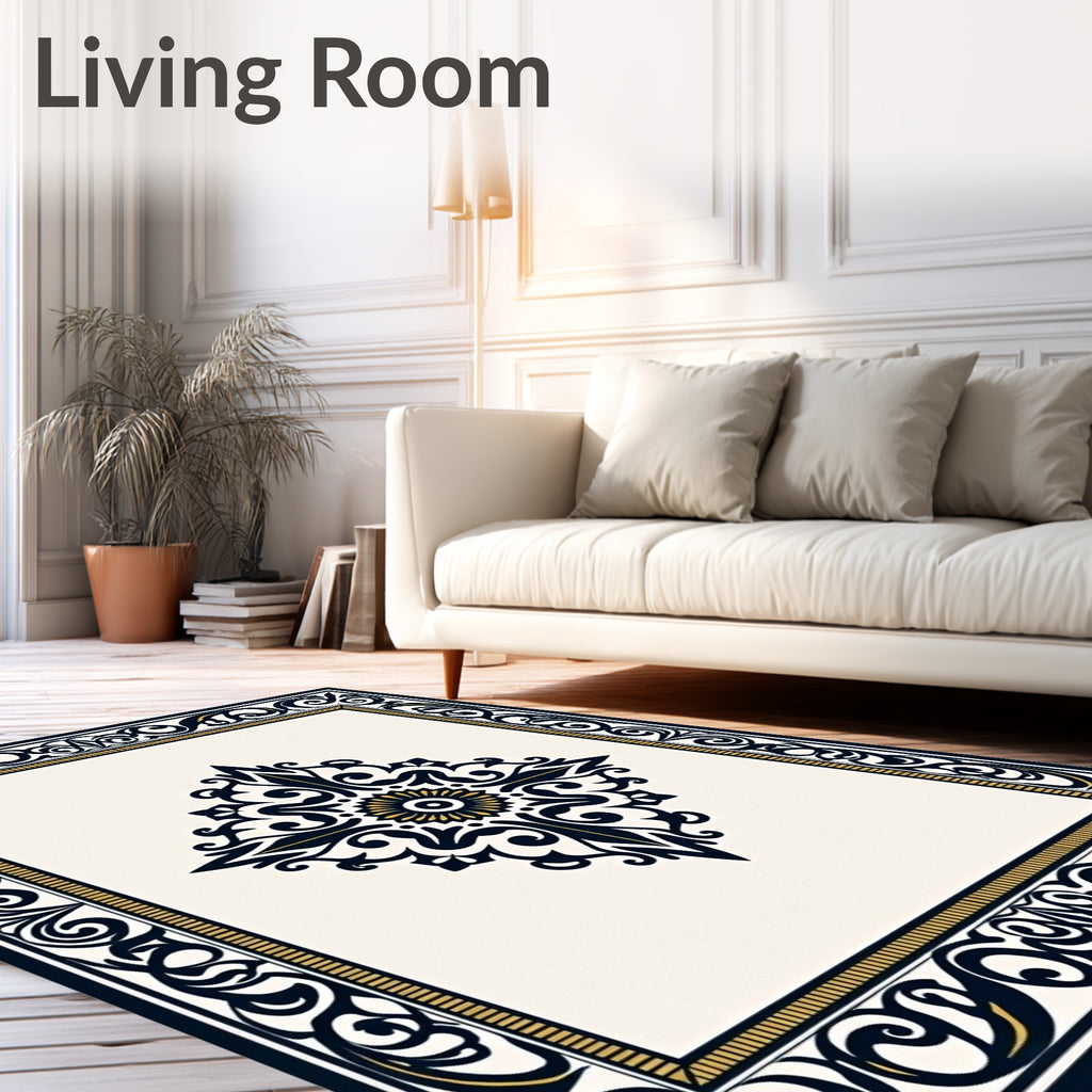 Ornate Floral Scrollwork Navy Gold Rug