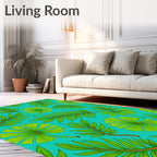 Vibrant Green Tropical Foliage Teal Rug