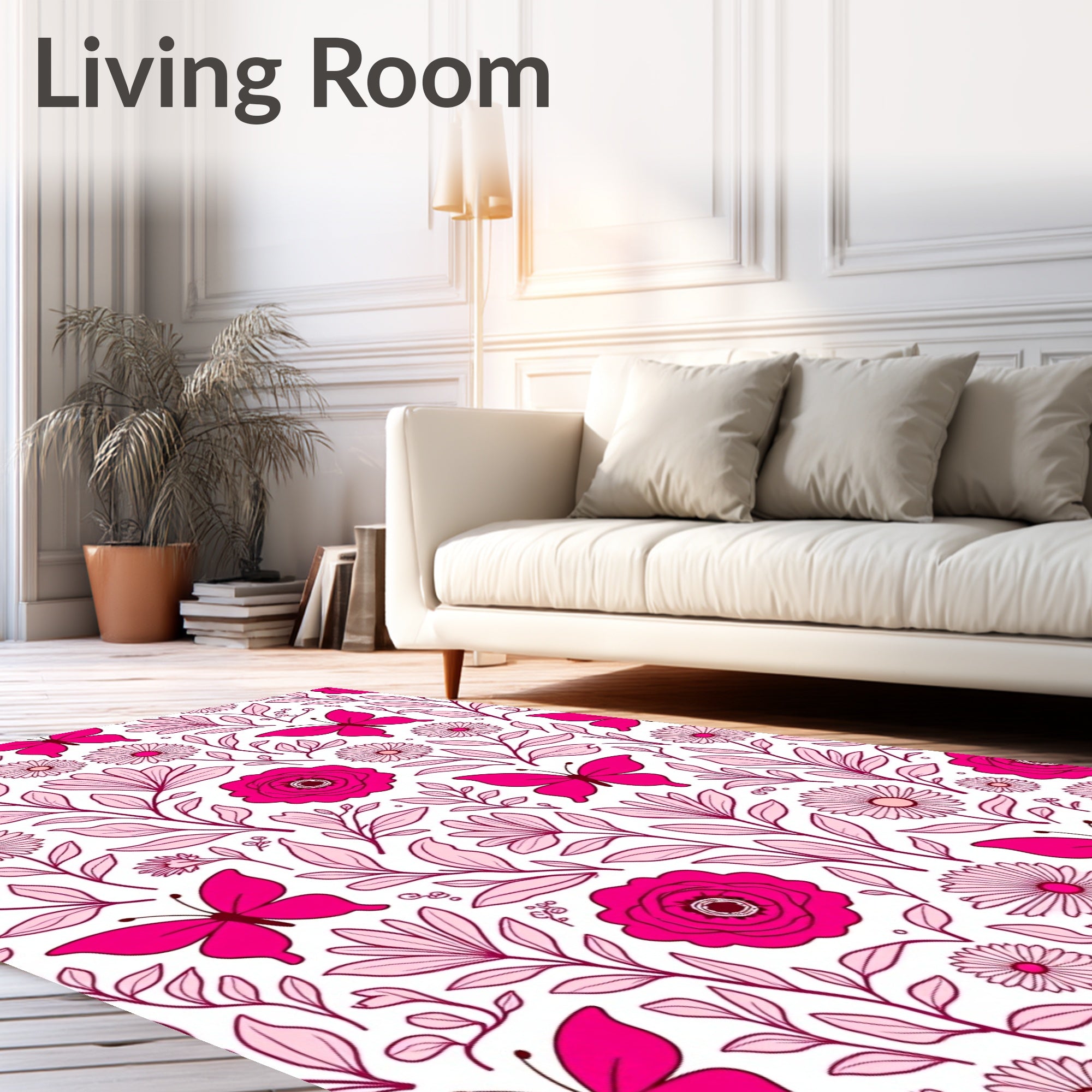 Charming Pink Butterfly Floral Pattern Rug