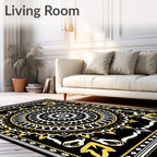Bold Black Yellow Ornamental Mandala Rug