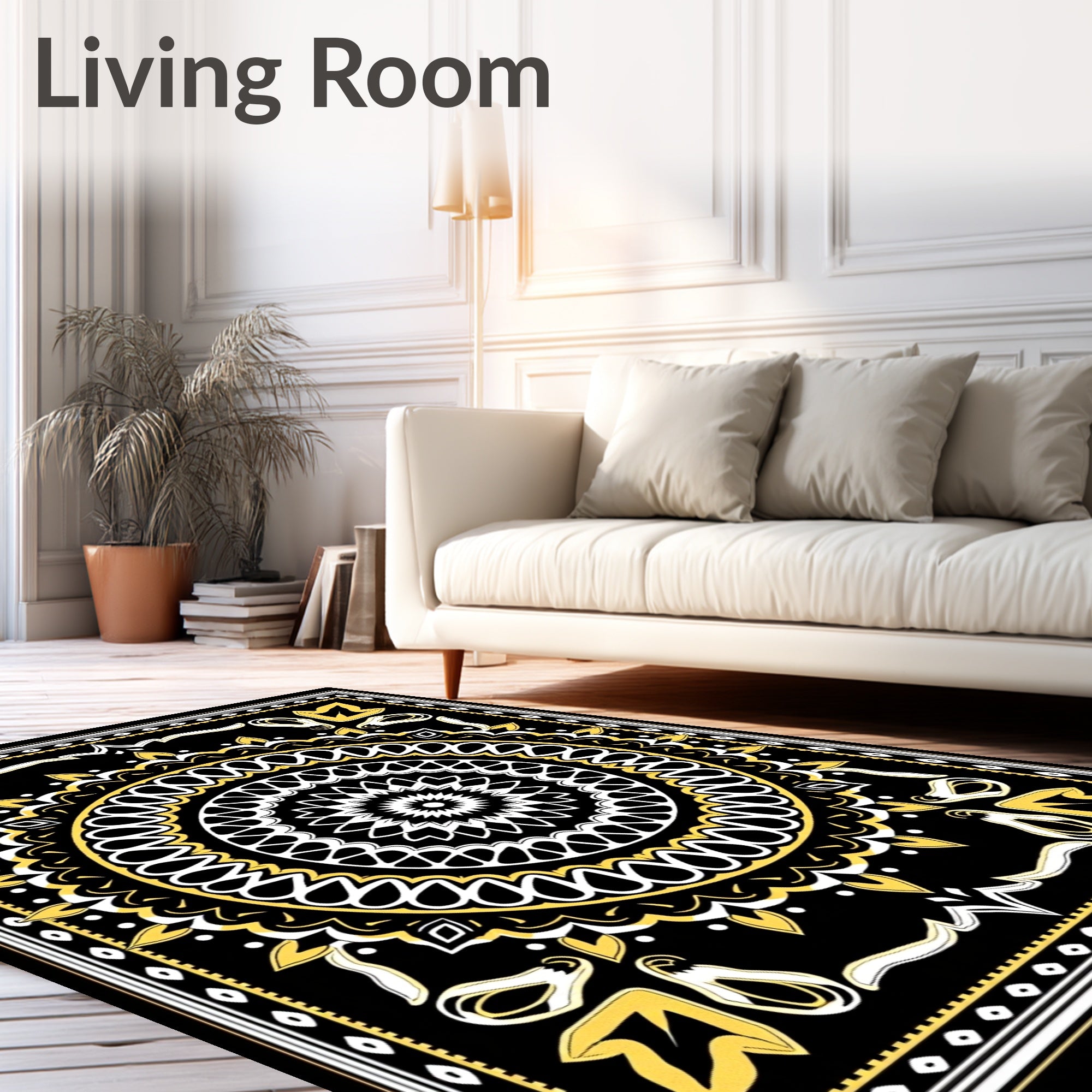Bold Black Yellow Ornamental Mandala Rug