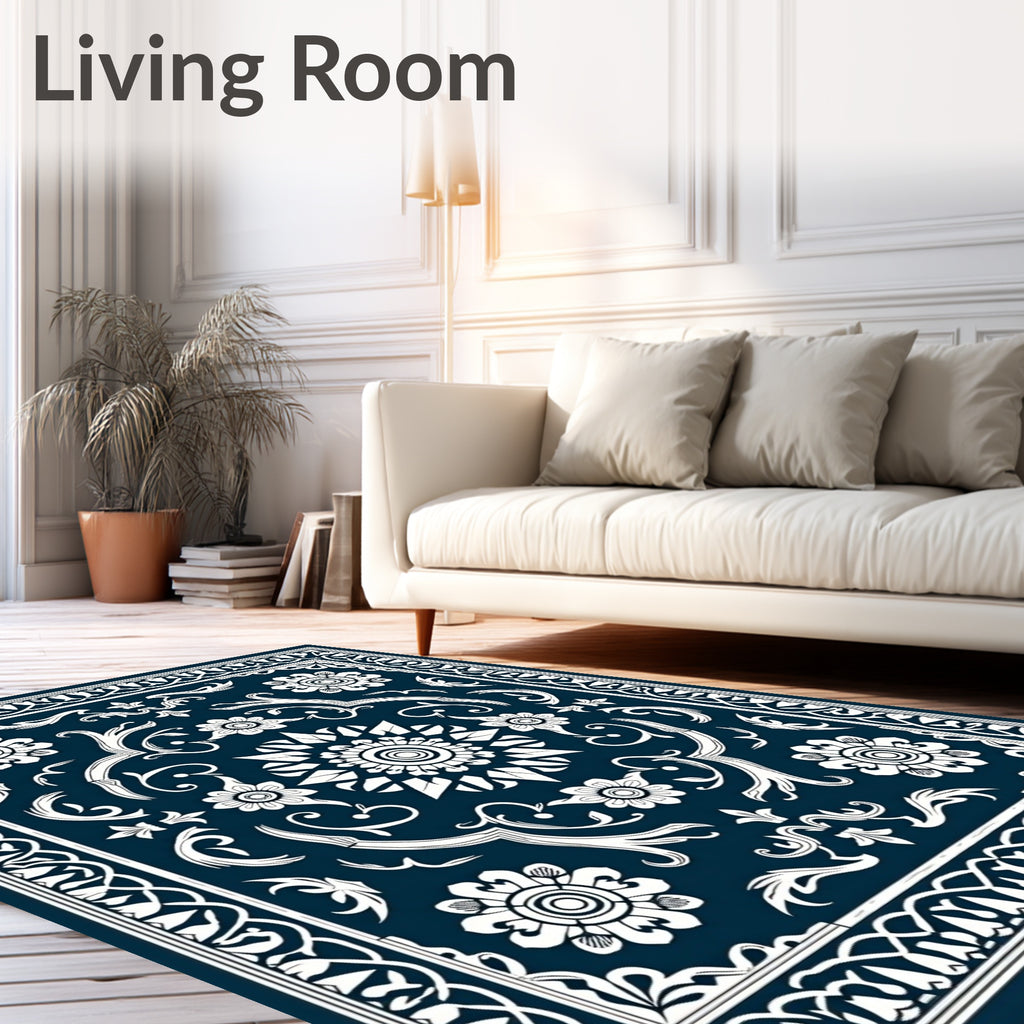 Dark Blue White Floral Intricate Design Rug