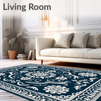 Dark Blue White Floral Intricate Design Rug