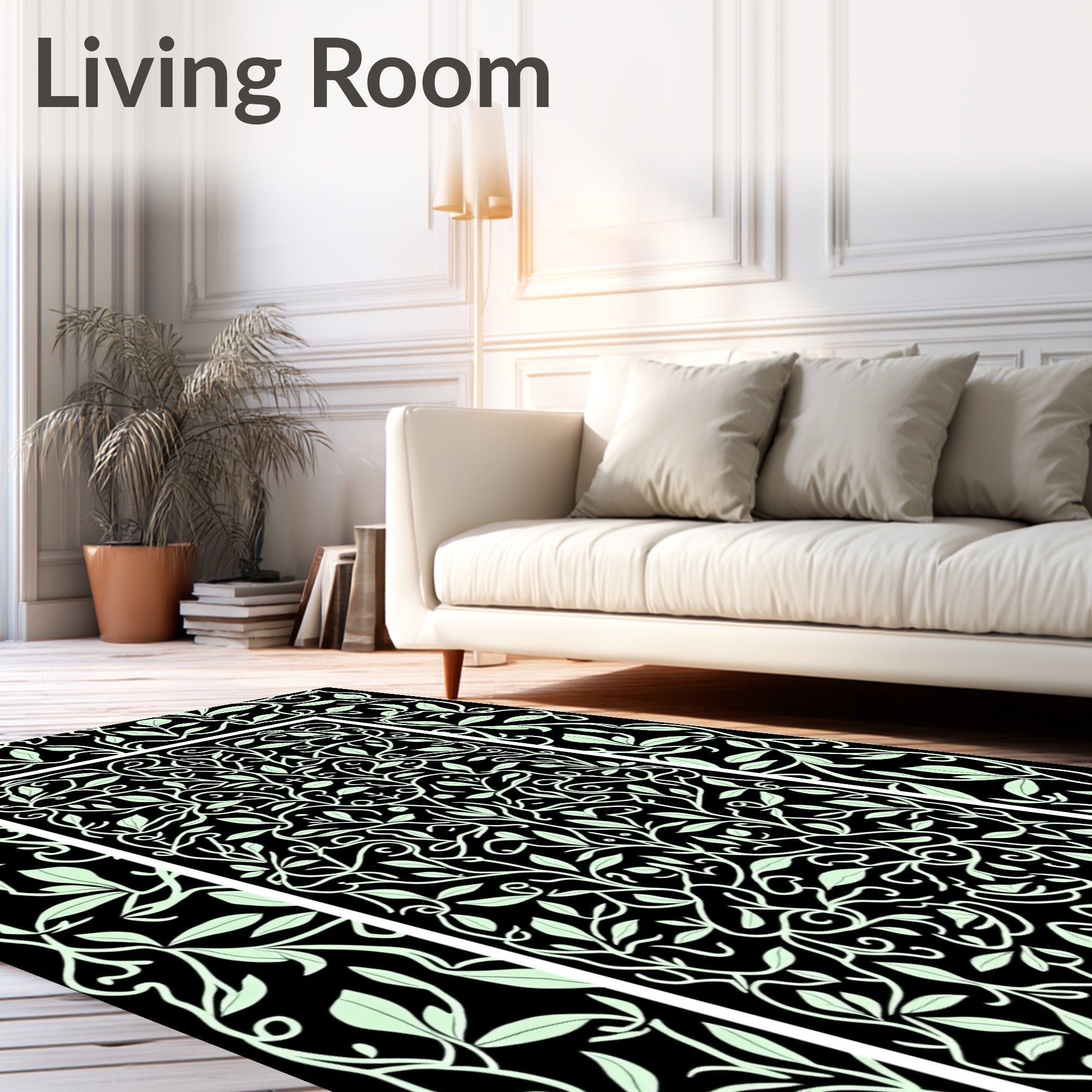 Black Light Green Botanical Vine Accents Rug