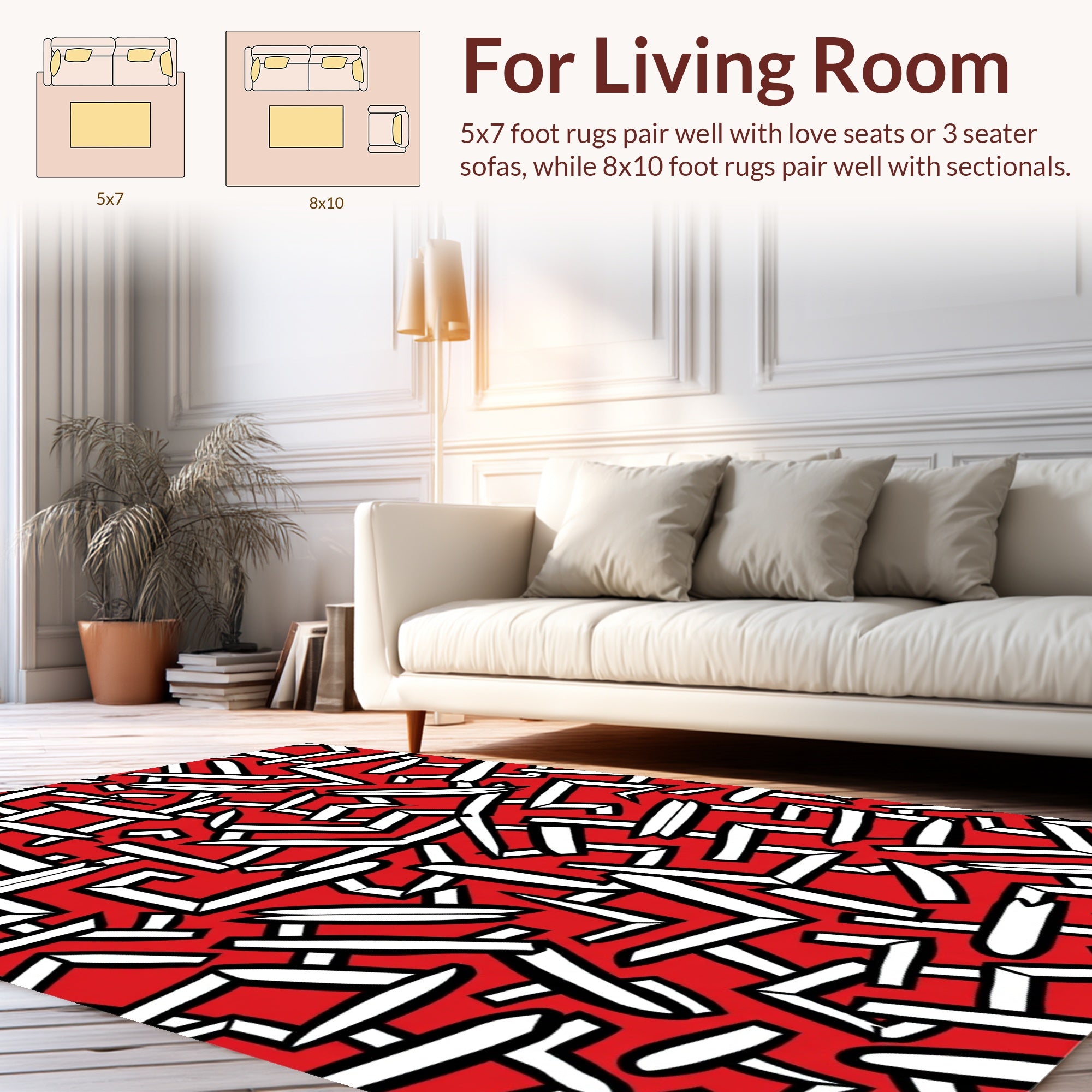 Bold Red White Abstract Jagged Pattern Rug