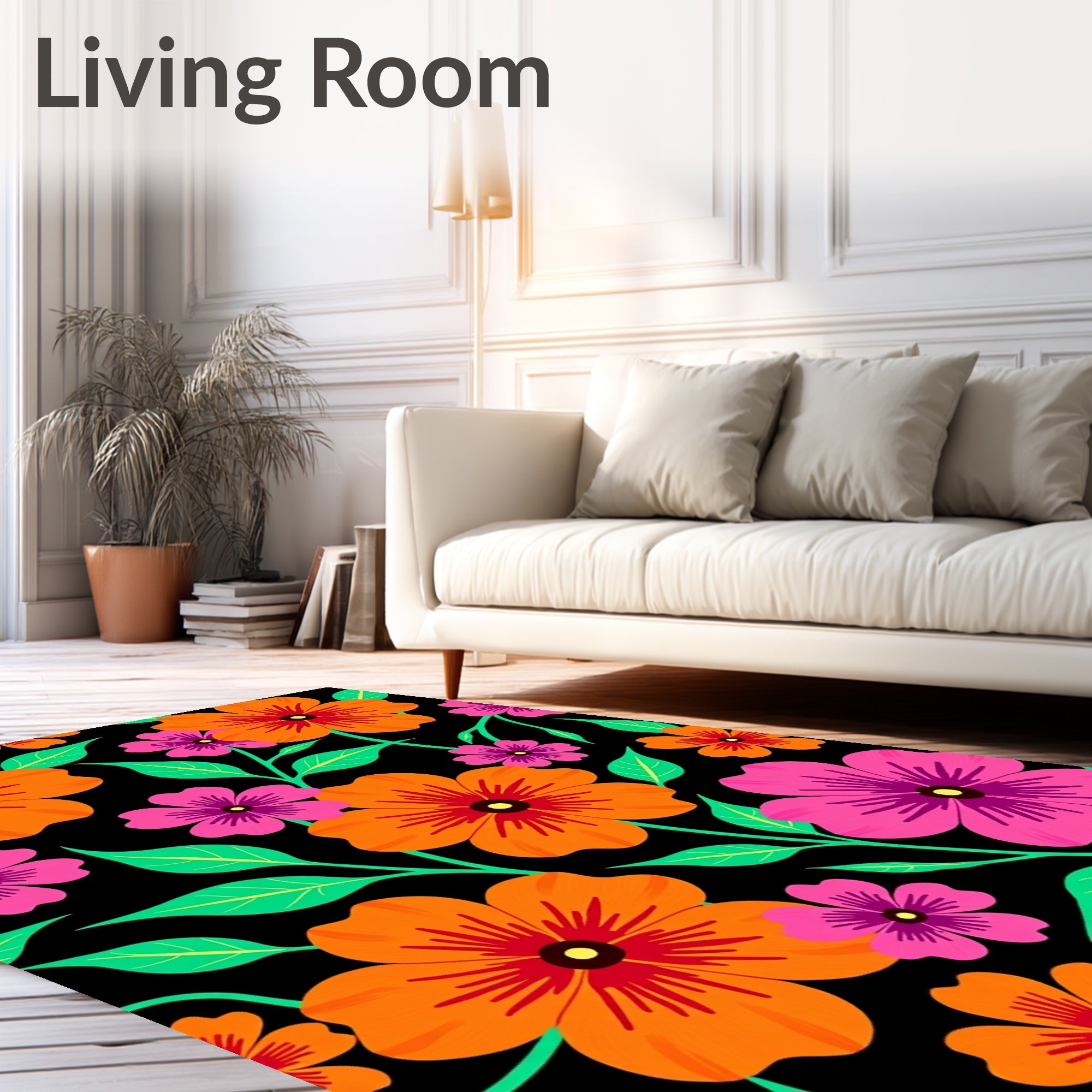 Vibrant Pink Orange Floral Black Background Rug