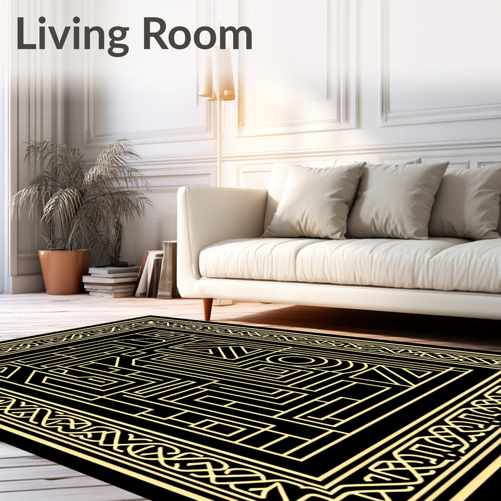 Intricate Gold Linear Maze Pattern Rug
