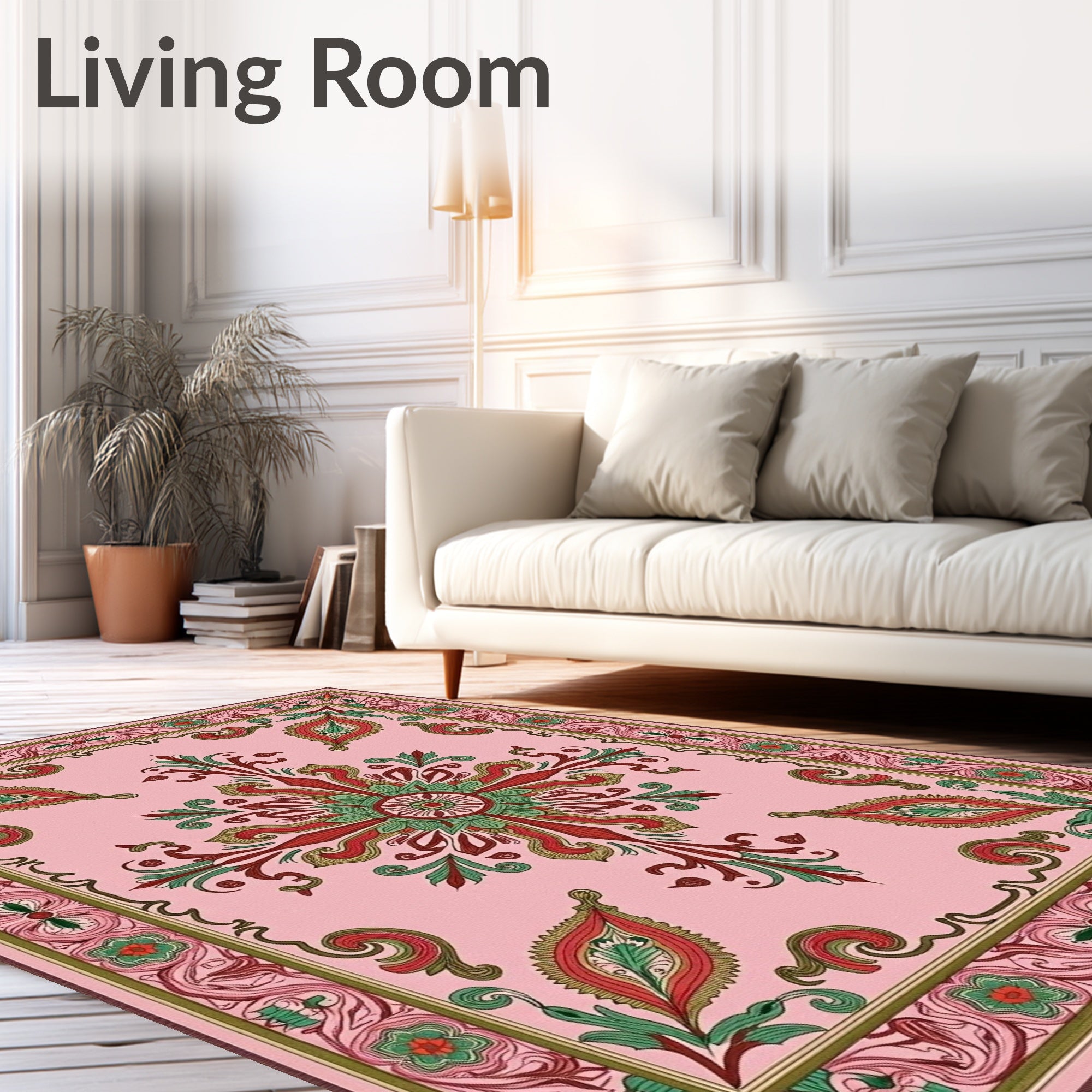 Intricate Floral Bordered Pink Pattern Rug