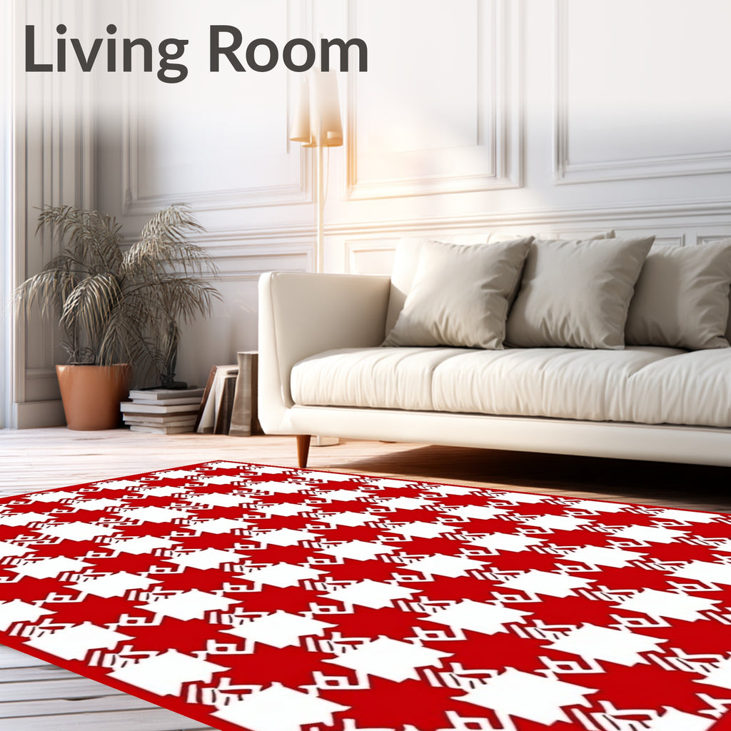 Classic Houndstooth Red White Pattern Rug