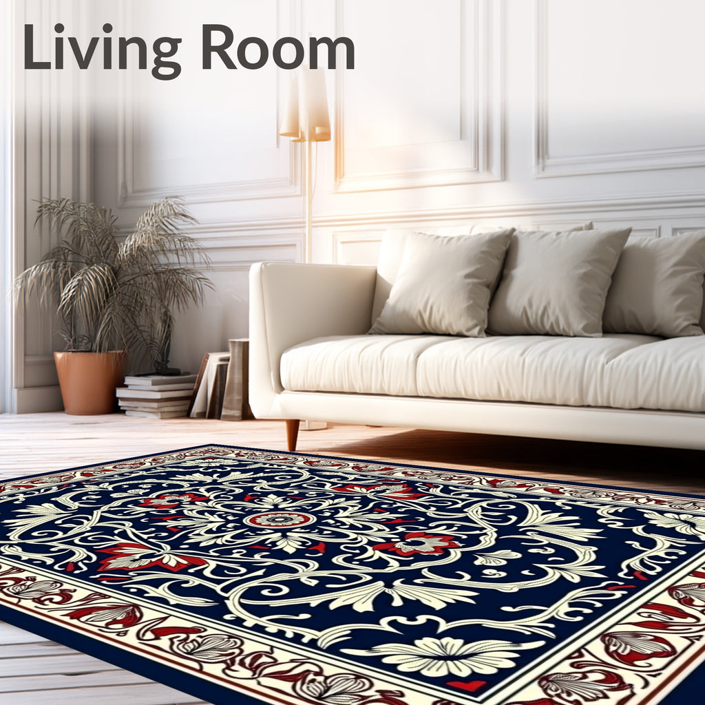 Ornate Floral Vines Navy Rug