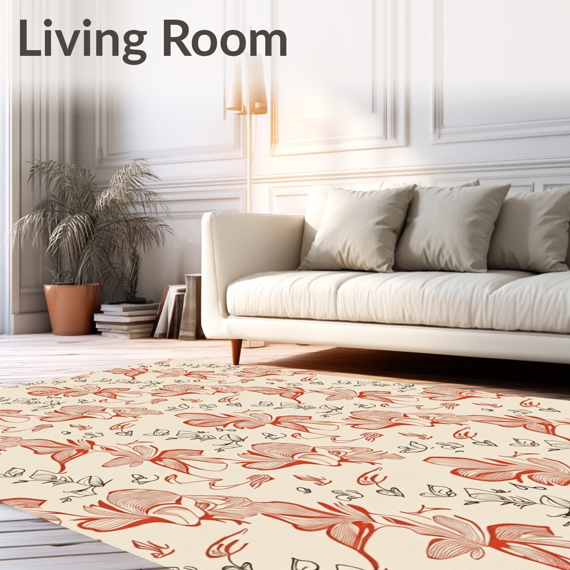 Red Outline Floral Pattern Rug