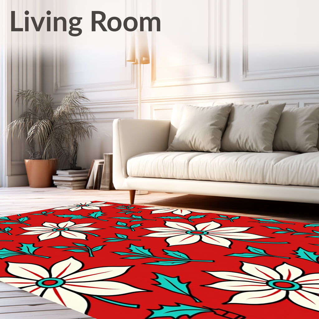 Bold Red Floral Leaf Pattern Rug