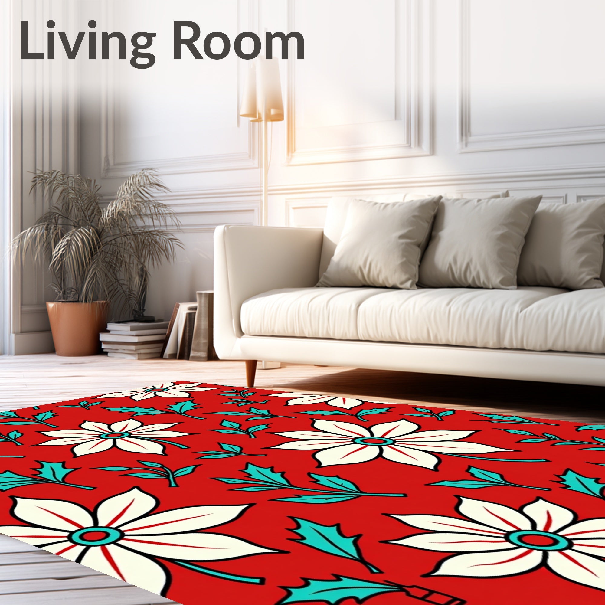 Bold Red Floral Leaf Pattern Rug