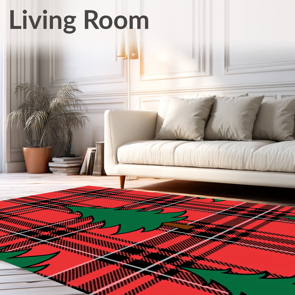 Red Plaid Pine Tree Pattern Rug