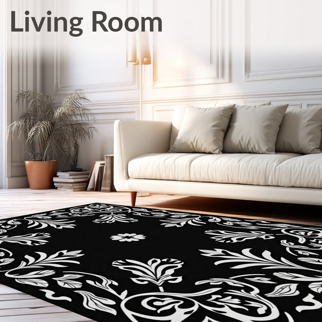 Black White Floral Scroll Pattern Rug