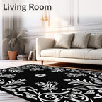 Black White Floral Scroll Pattern Rug
