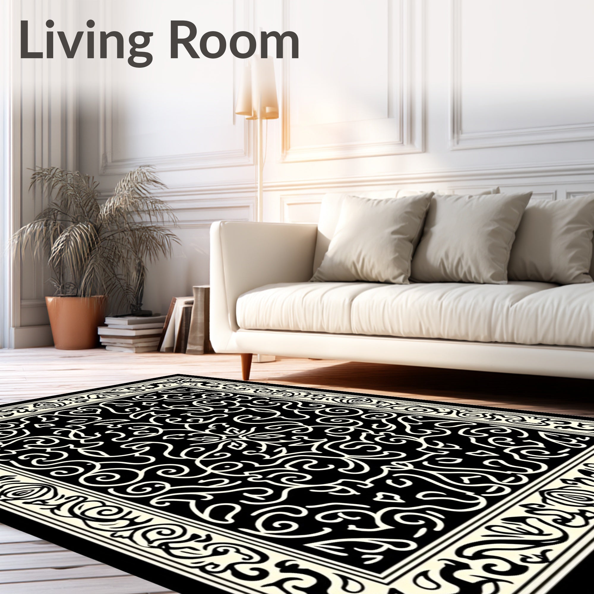 Ornate Scrollwork Pattern Black Rug