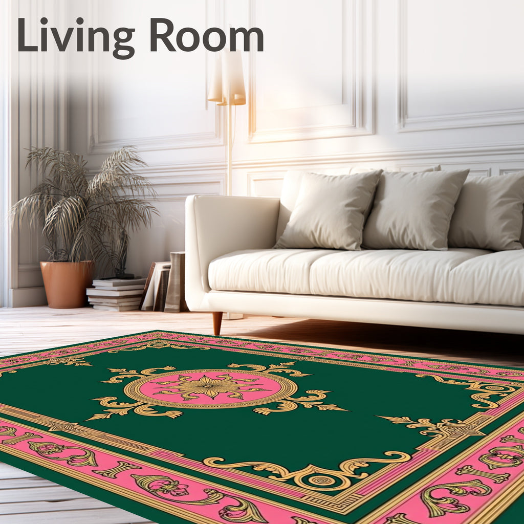 Emerald Green Pink Gold Medallion Frame Rug