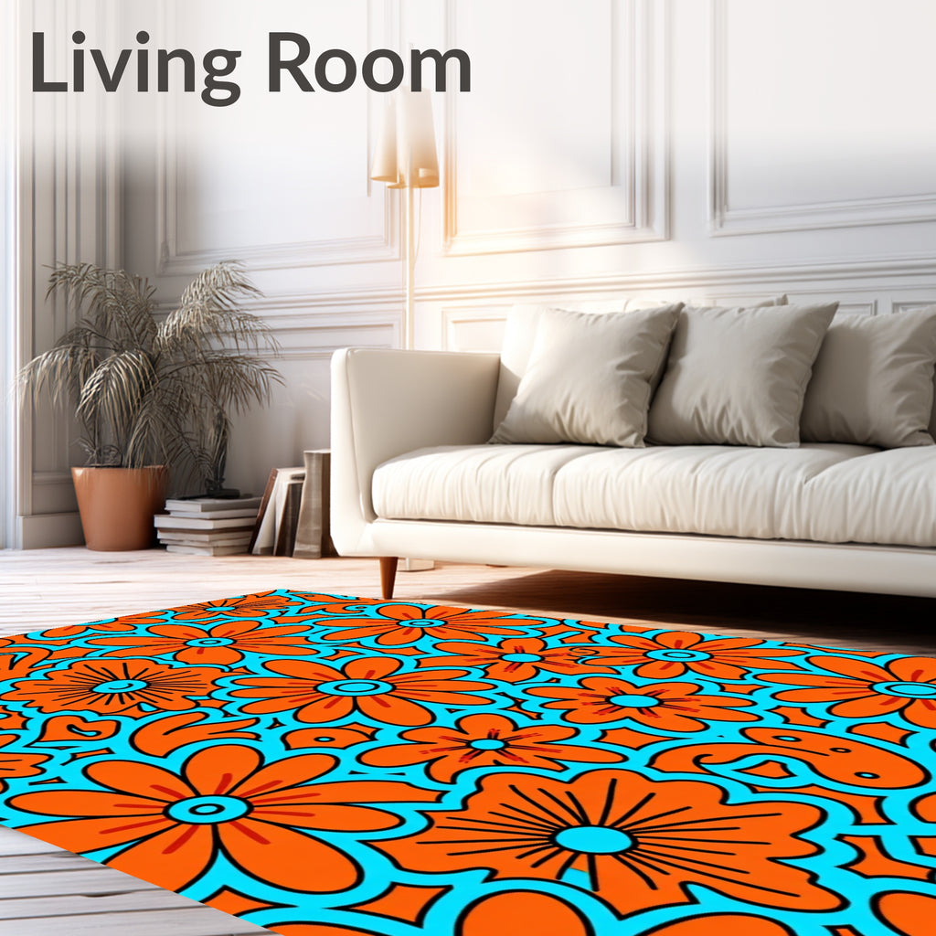 Retro Orange Aqua Floral Pattern Design Rug