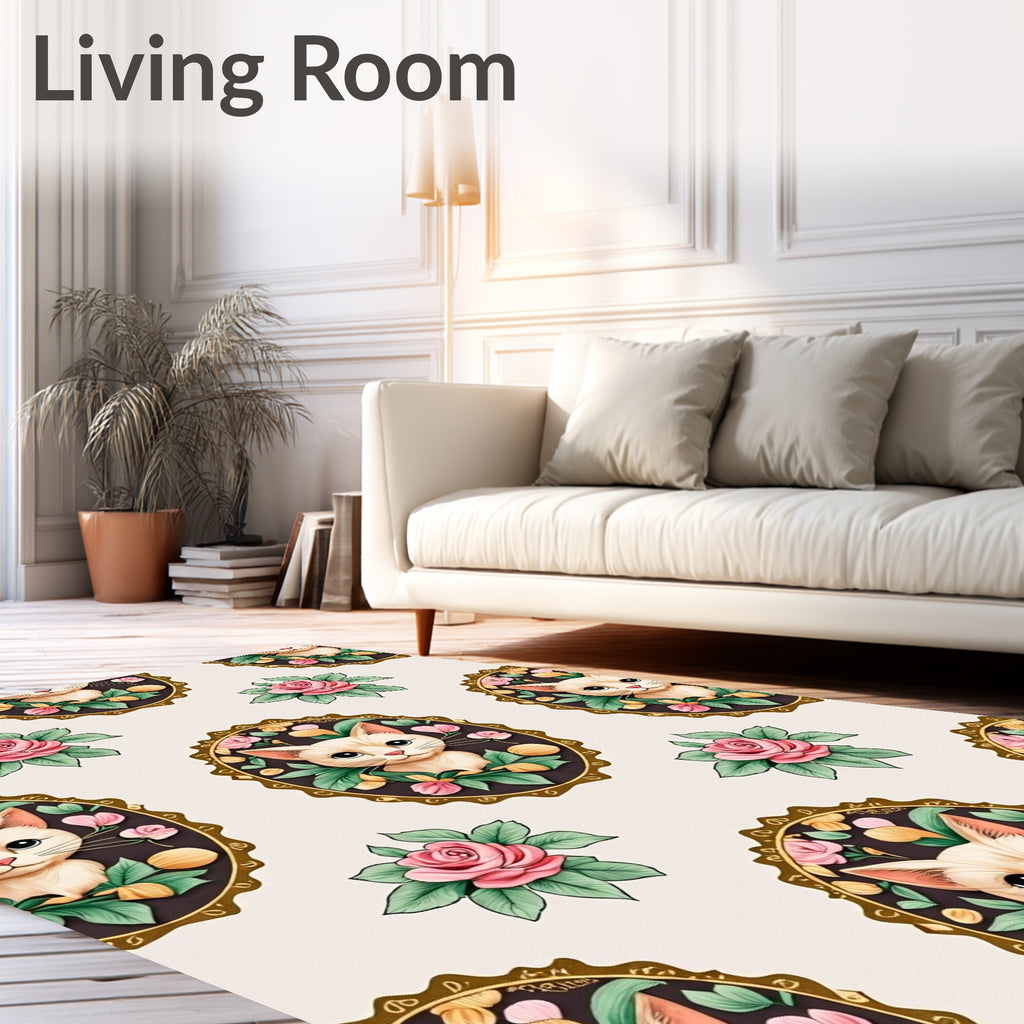 Whimsical Cat Portrait Floral Design Rug