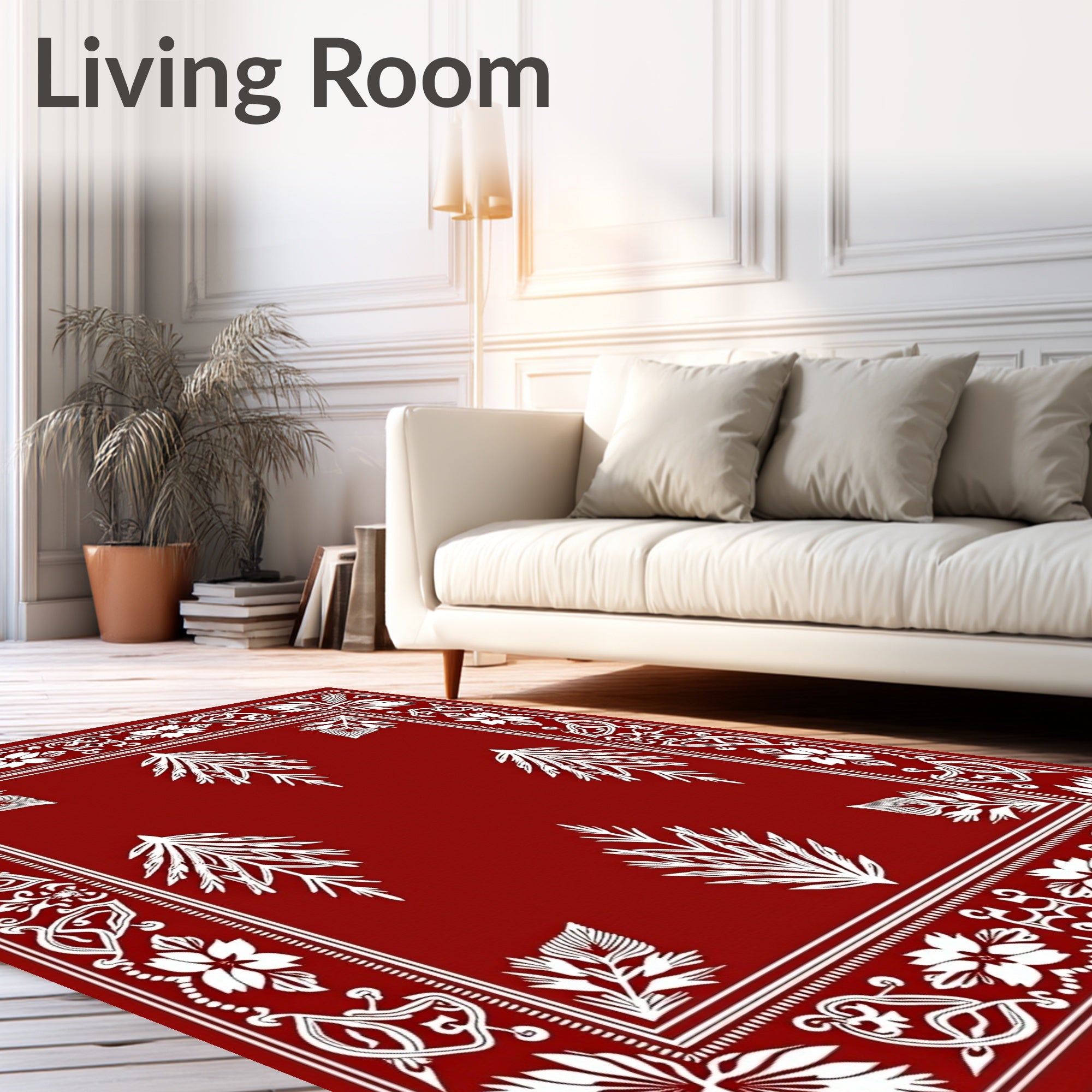 Bold Red White Floral Branch Design Rug