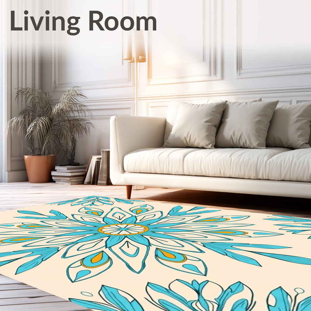 Mandala-Inspired Teal Yellow Floral Pattern Rug