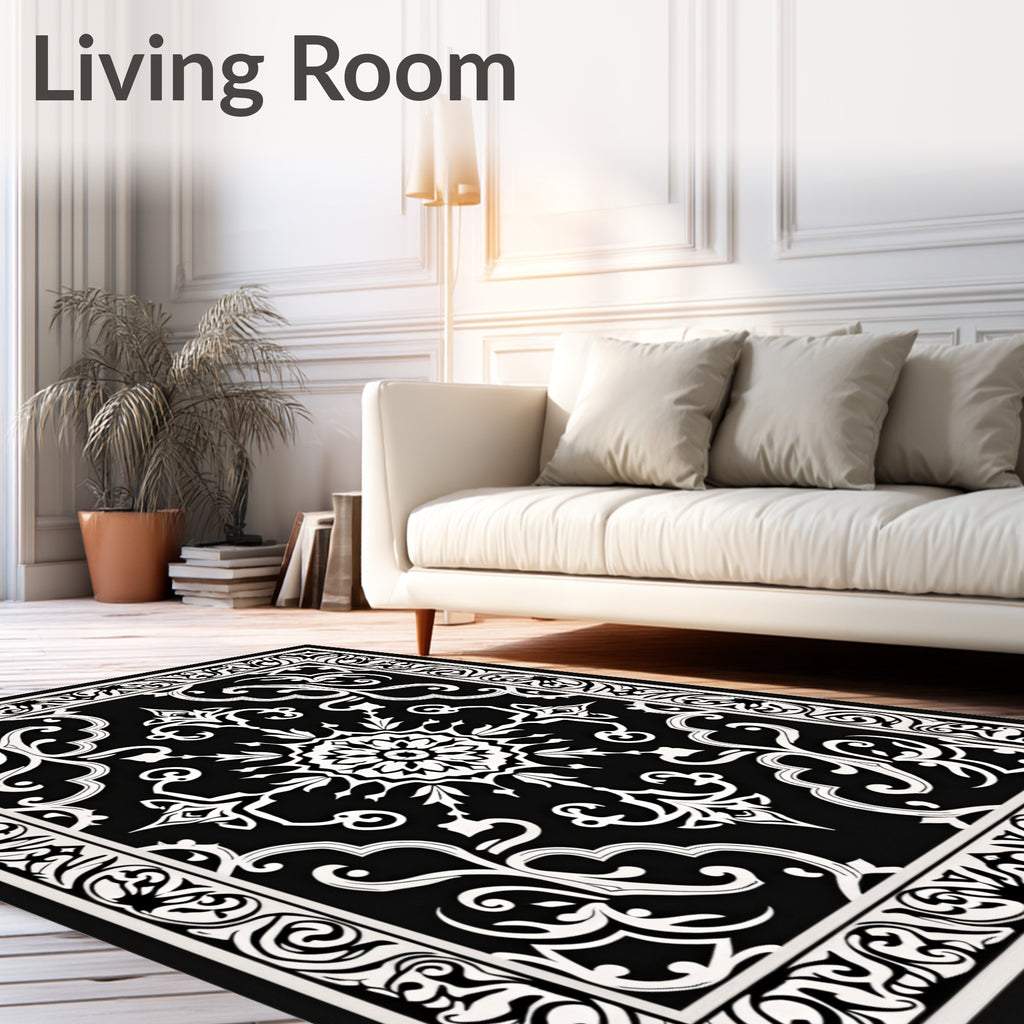Black White Classic Floral Medallion Rug