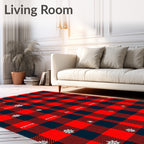 Red Black Plaid With Snowflakes Design Rug