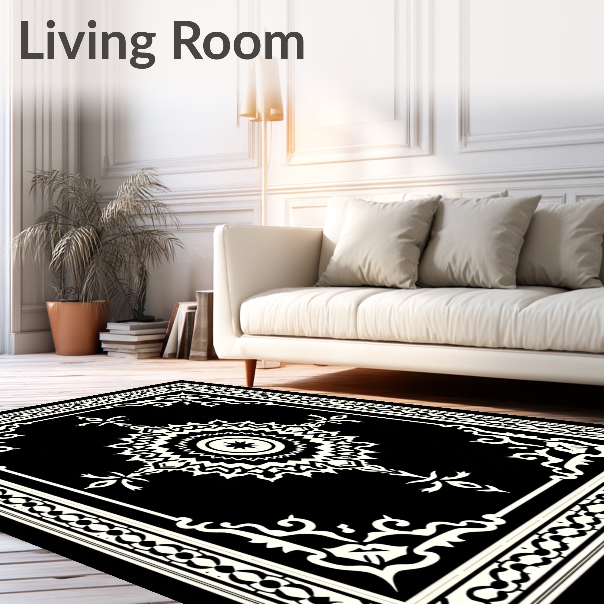 Intricate Black White Starburst Mandala Frame Rug
