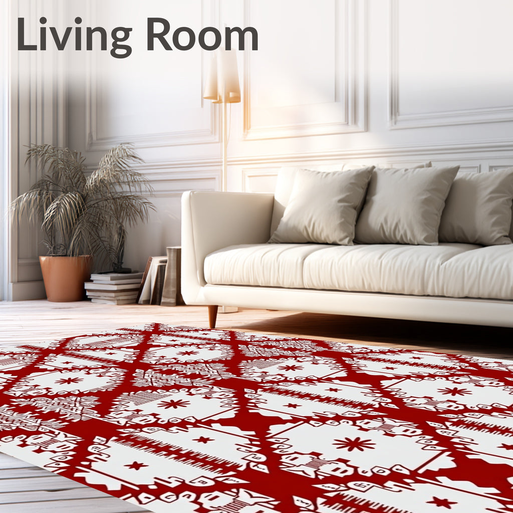 Red And White Geometric Art Deco Rug