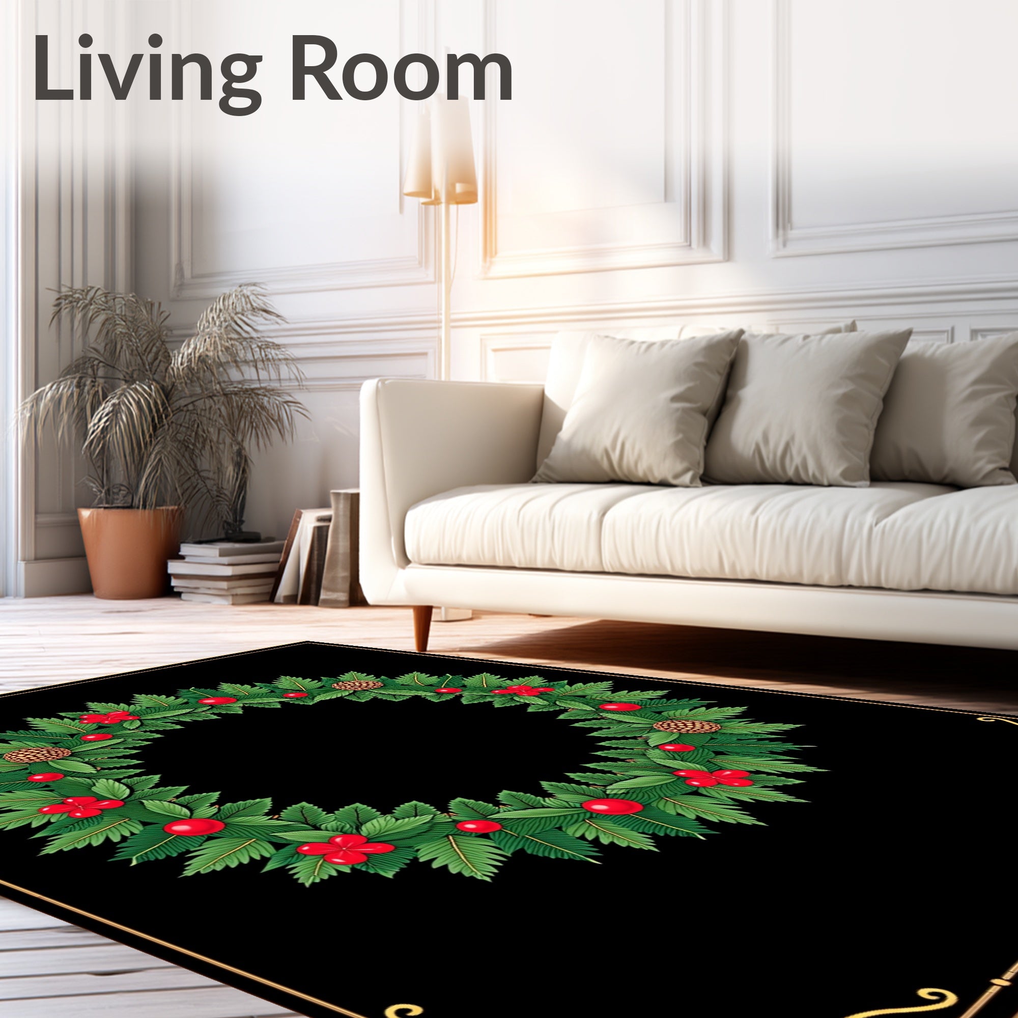 Festive Greenery Red Berry Pinecone Design Rug
