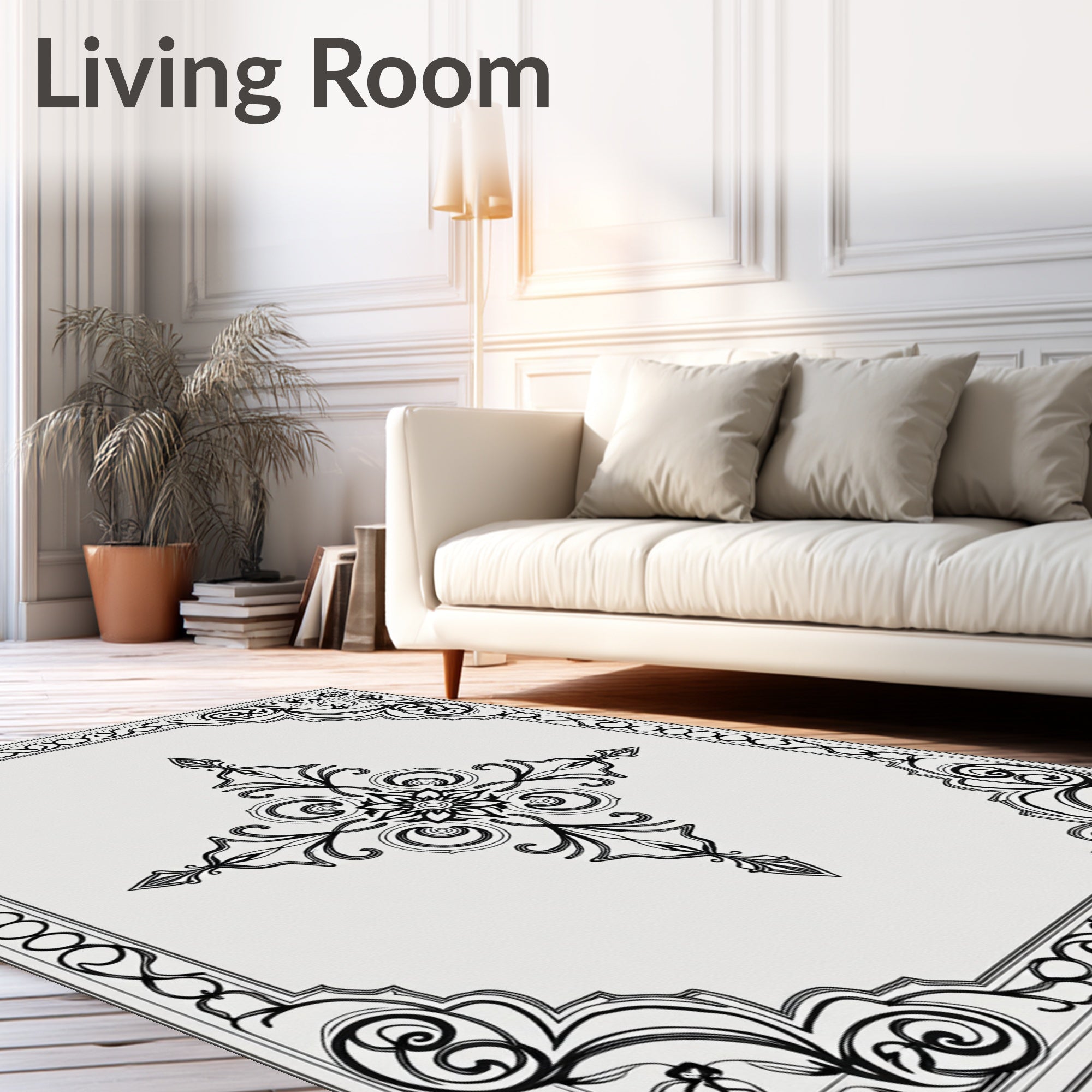 Ornate Black Floral Scrollwork Frame Rug